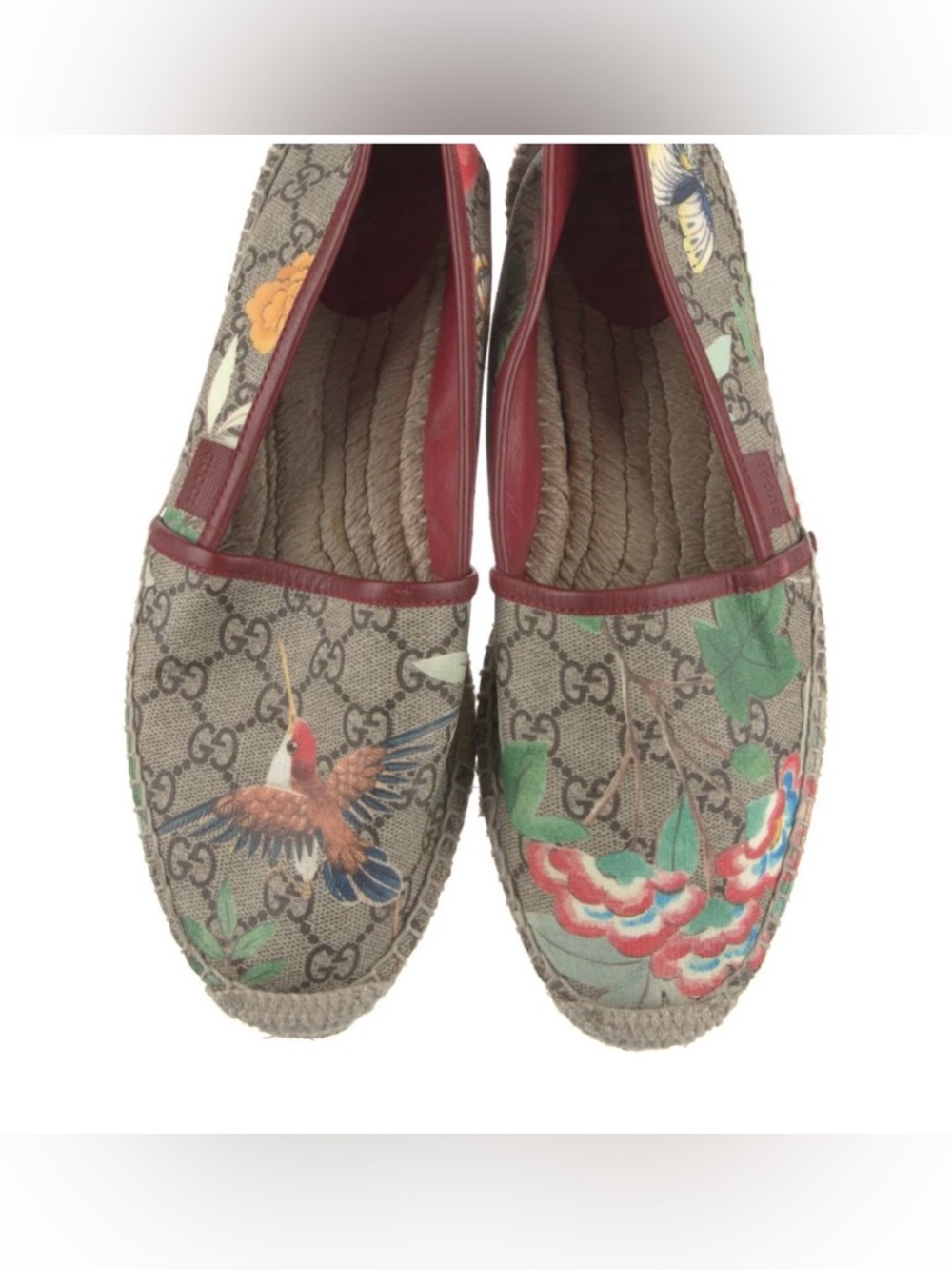 Gucci Brown GG Canvas Floral & Butterfly Espadrille with Burgundy Trim - Picture 2 of 5